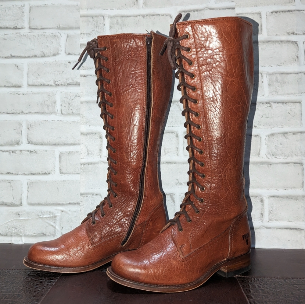Vntg Frye Vienna Tall Brown Genuine Leather Lace Up Knee High Vintage Zip Boots - Picture 10 of 15